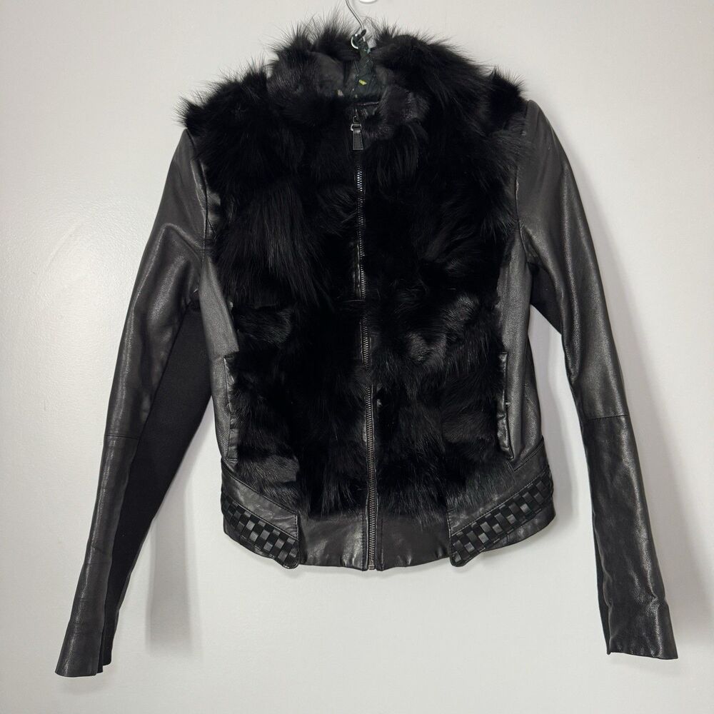 Women's Vintage Vero Moda Fox Fur Panel Checkered Black Leather Jacket Sz Medium